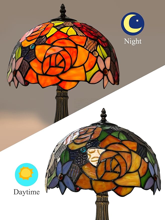 KY&BOSAM Tiffany Style Table Lamp Stained Glass Red Rose Desk Lamp Lights 19 Inch Tall Glass 12 Inch Wide Shade Beside Lamp1 Bulb Antique Zinc Base for Home Living Room Bedroom Kitchen Table Top Décor