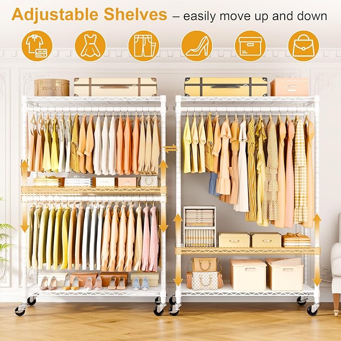 P5 Plus Rolling Clothes Rack Heavy Duty, Clothing Racks for Hanging Clothes, Metal Garment Rack with Wheels, 3-Tier Portable Closet Rack 45'' W × 20.5'' D × 80.5'' H, Max Load 660 Lbs, White