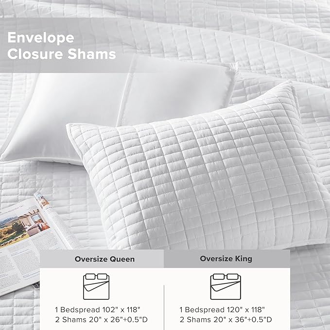 Comfort Spaces White Oversized King Quilt Set 120"x118" Bedspread Quilted Summer Lightweight Microfiber Bedding Coverlet with Double Sided Stitching Soft All Season Cozy 3 Piece with Matching Shams