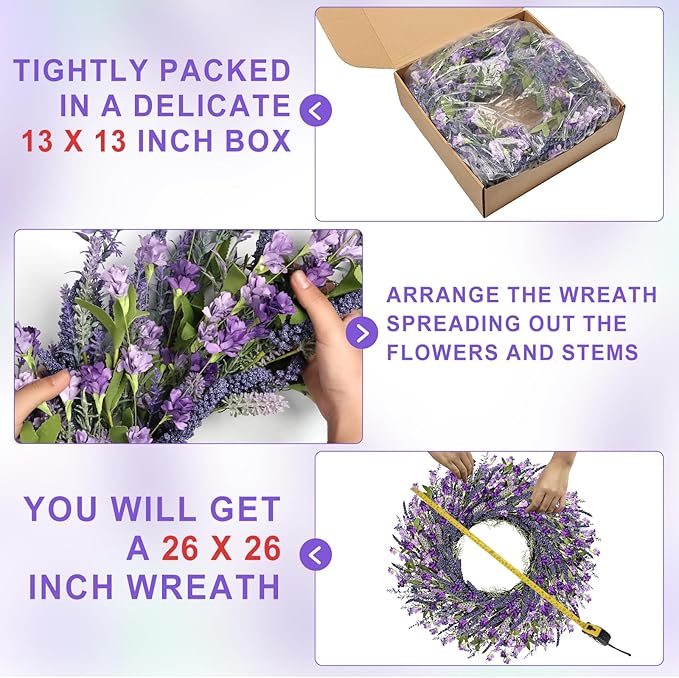26 Inch Lavender Wreath Summer Spring Wreaths for Front Door Wreaths for Front Door for Wedding Farmhouse (Purple Lavender)