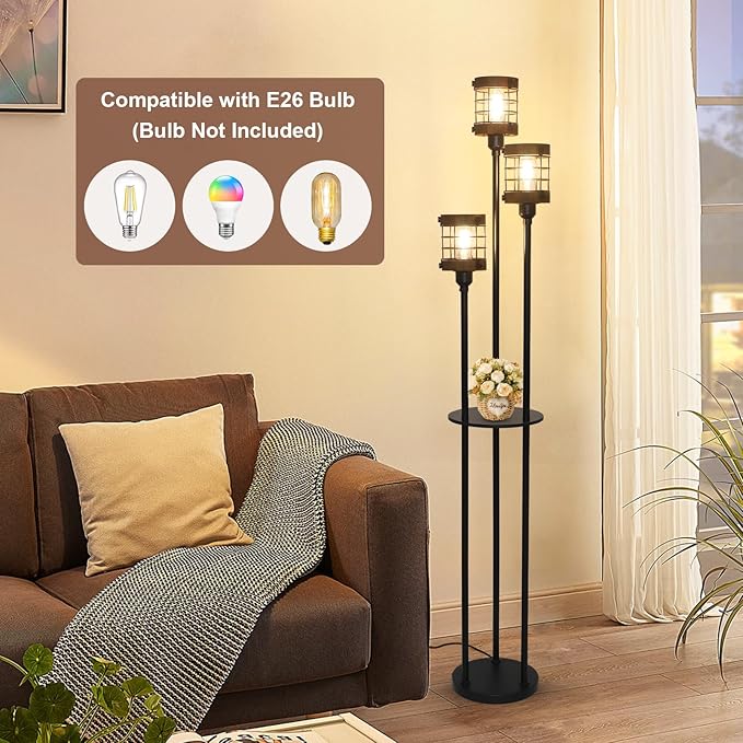Airposta Vintage Floor Lamp with Shelves, Farmhouse Wood Floor Lamps for Living Room, Black Standing Lamp for Bedroom, Industrial Floor Lamp with Table, Rustic Tall Lamp for Office Corner Home Décor