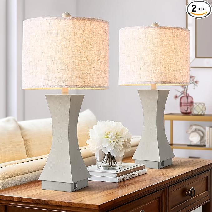 24.5" Modern Table Lamp Set of 2, 3-Way Dimmable Bedside Lamps with USB C & A Charging, Farmhouse Resin Nightstand Lamps with Linen Shade for Bedroom, Living Room, Home Office (Gray)