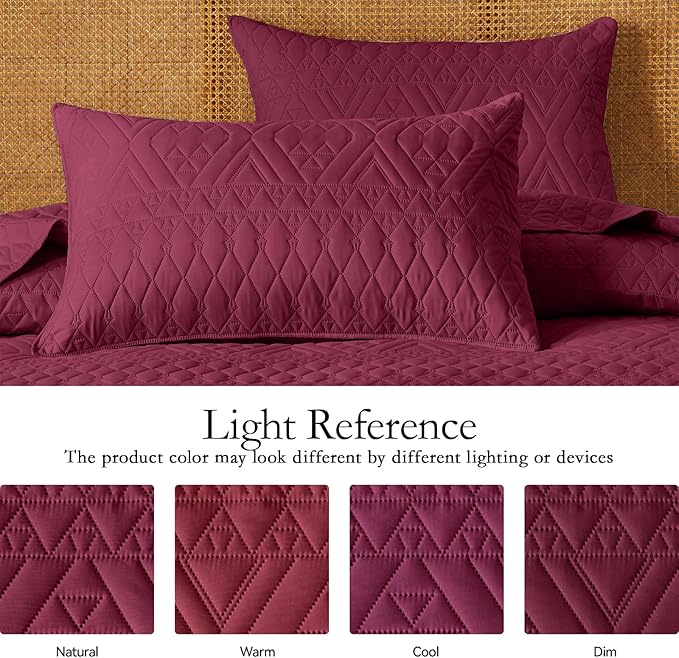 akkialla Full/Queen Quilt Set, Burgundy Lightweight Microfiber Bedspread Coverlet, Boho Geometric Pattern, Soft All-Season Bedding, 3-Piece (1 Quilt, 2 Pillow Shams) | Breathable fabric, Modern style