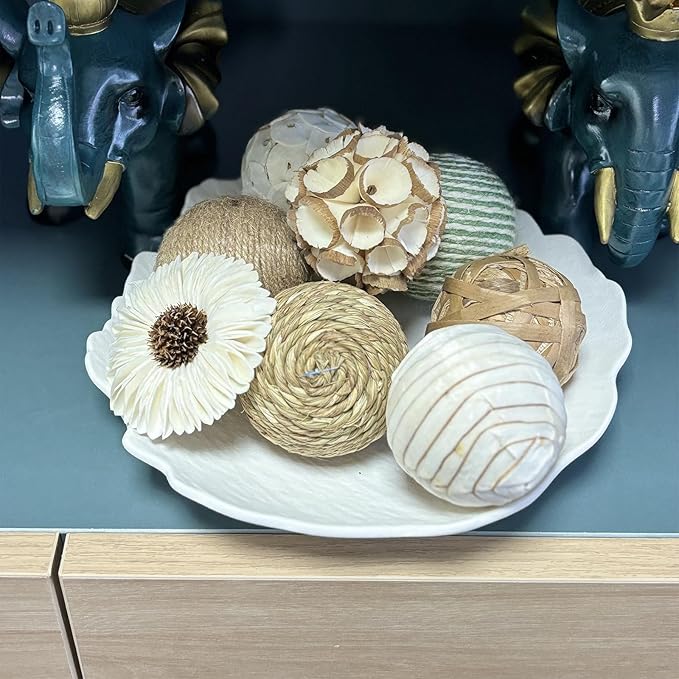 8 Pcs Decorative Balls for Home Decor,2.36 Inch Woven Wicker Rattan Balls Twig Orbs Cotton Linen Decorative Ball for Vase Filler Jar Dough Bowl