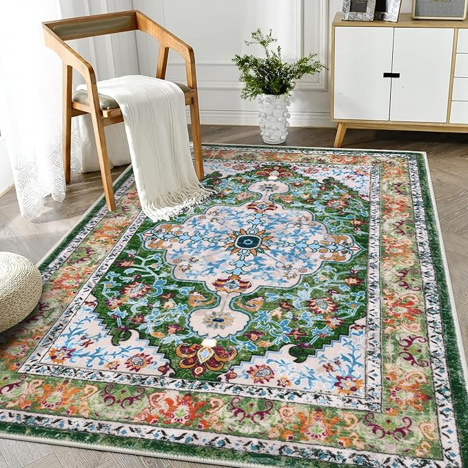 U'Artlines Boho Vintage Area Rug 3x5 Machine Washable Low Pile Soft Floor Carpet Non Slip Non Shedding Accent Rug for Living Room Bedroom Entryway Dining Room Office Green