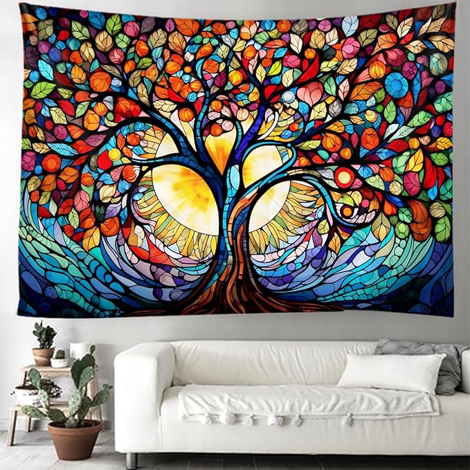 Tree of Life Wall Hanging Decor Tapestry with Stained Glass Colorful Wall Art Large Tapestry Mural Decor Photograph Backdrop Blanket Curtain Home Bedroom Living Room Decoration