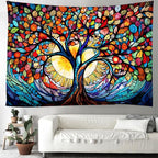 Tree of Life Wall Hanging Decor Tapestry with Stained Glass Colorful Wall Art Large Tapestry Mural Decor Photograph Backdrop Blanket Curtain Home Bedroom Living Room Decoration