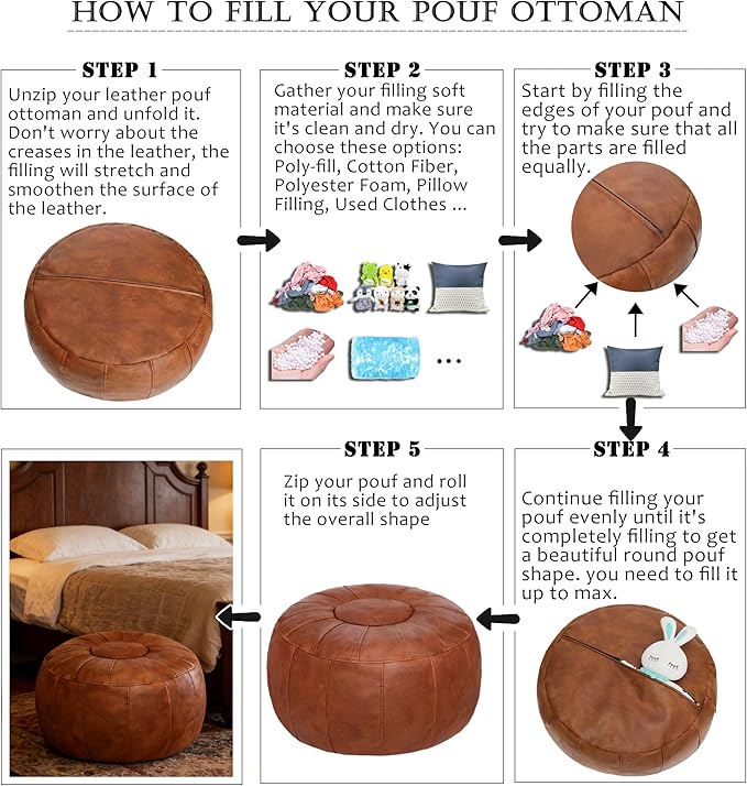Thgonwid Unstuffed Moroccan Ottoman Pouf Cover, Ottoman Footstool Storage Solution, Bean Bag Chair, Foot Rest, Brown