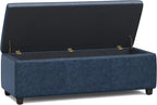 SIMPLIHOME Avalon Storage Ottoman Bench - 48 inch Wide Upholstered Vegan Leather Rectangular Lift-Top Ottoman in Denim Blue, Contemporary Storage Bench for Living Room with High-Density Foam