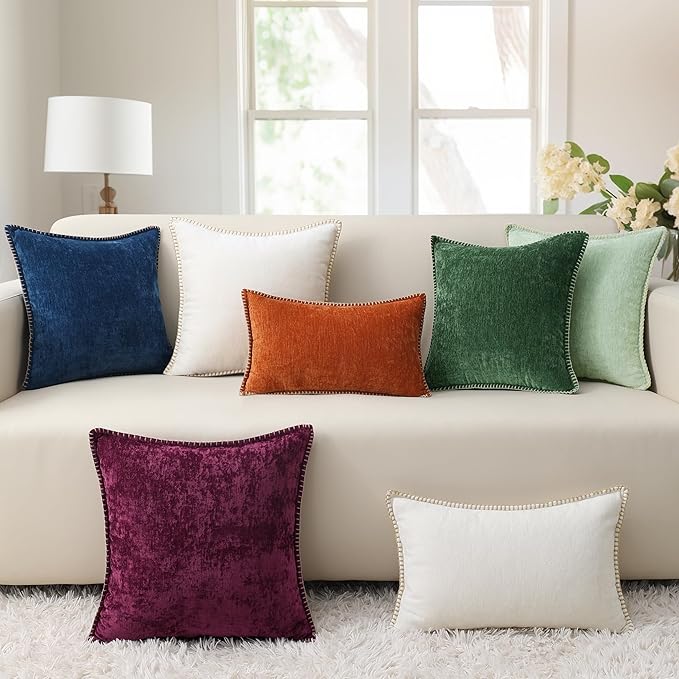decorUhome Spring Chenille Soft Cozy Throw Pillow Covers 12x20 Set of 2, Modern Farmhouse Boho Velvet Decorative Pillow Cases with Stitched Edge for Couch Sofa Bed Home Decor, Aqua Haze