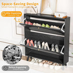 Shoe Storage Cabinet for Entryway with 2 Flip Drawers, Narrow Wood Shoe Cabinet with Fluted Panel, Freestanding Hidden Shoe Organizer for Foyer, Hallway (Black - No Shelf)