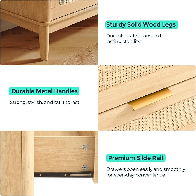 LINSY Rattan 8 Drawer Dresser for Bedroom, 47" Wide Mid-Century Modern Tall Chest of Drawers, Deep Storage Dresser with Curved Corner Design, Large Accent Wood Cabinet for Bedroom, Oak