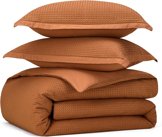Bedsure Cotton Duvet Cover King - 100% Cotton Waffle Weave Terracotta Duvet Cover King Size, GentleSoft™ and Breathable Bedding Set for All Season, 3 Pieces, 104"x90"