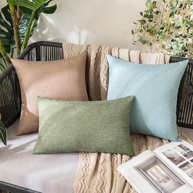 MIULEE Pack of 2 Decorative Outdoor Solid Waterproof Throw Pillow Covers Spring Faux Linen Garden Farmhouse Cushion Cases for Patio Tent Balcony Couch Sofa 20x12 Inch Gray Green