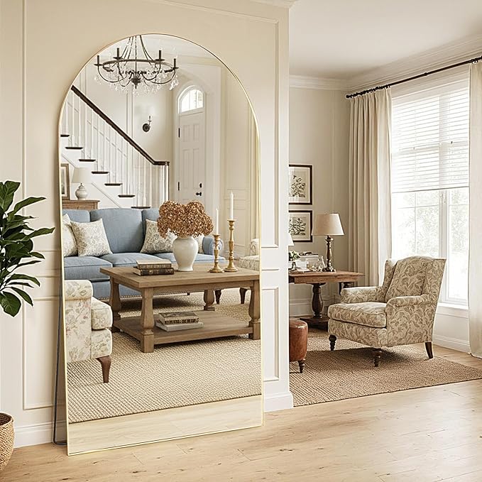 MISSDAY Oversized Arched Full Length Mirror, 83"x44" Gold Full Body Mirror with Stand, Floor Mirror Large Free Standing, Leaning or Hanging, Aluminum Frame Mounted Mirrors Wall Mirrors for Bedroom