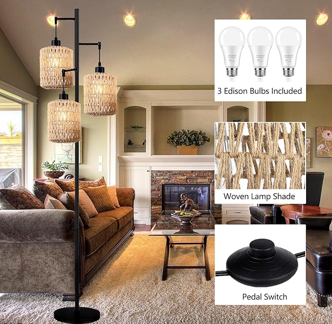 Floor Lamp for Living Room,Bedroom,3-Lights Boho Rattan Tree Floor Lights,Industrial Black Farmhouse Standing Lamp Wicker Rustic Tall Lamp,Woven Bamboo LampShade Floor Lamps Bohemian