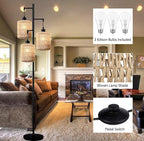 Floor Lamp for Living Room,Bedroom,3-Lights Boho Rattan Tree Floor Lights,Industrial Black Farmhouse Standing Lamp Wicker Rustic Tall Lamp,Woven Bamboo LampShade Floor Lamps Bohemian