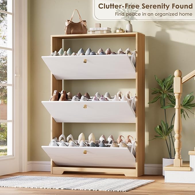 Nicetree Shoe Storage Cabinet for Entryway, Morden Shoe Cabinet, Freestanding Shoe Rack Cabinet, Hidden Shoe Dresser for Hallway,Foyer, Natural Oak and White