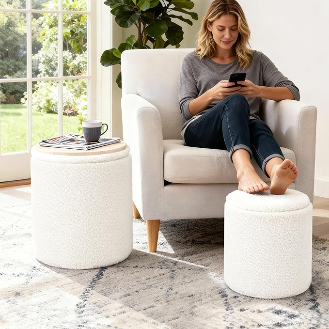 CAROLMADE Set of 2 Round Ottoman with Storage, Upholstered Vanity Stool Support 330lbs Multifunctional Coffee Table Ottoman Boucle Foot Rest Stool or Living Room Bedroom Dorm (White)
