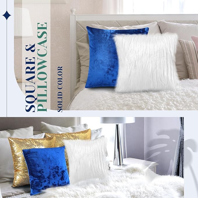 Pack of 6 Decorative Velvet Throw Pillow Covers Solid Square Soft Pillowcase Set Cushion Cases for Sofa Couch Bed Car Christmas Fall Home Decor 18 x 18 inch(Blue White Gold)