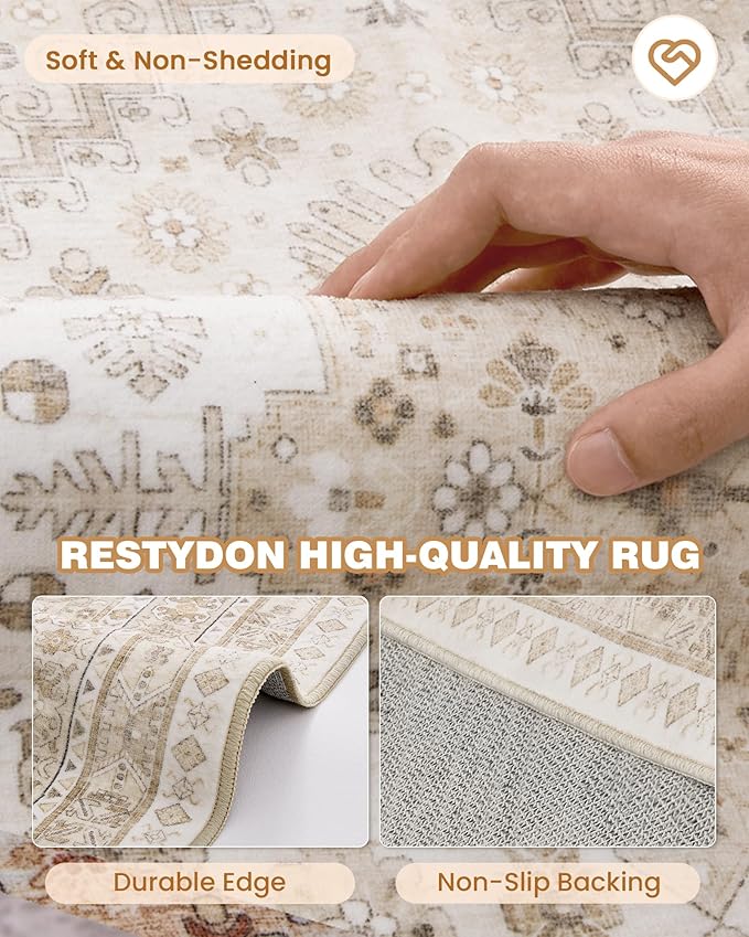 Runner Rug 2x6, Ultra-Thin Entryway Rug Non Slip Washable Rugs for Laundry Room, Runners for Hallways, Vintage Soft Rugs for Living Room, Kitchen, Bedroom(Cream/Beige,2'x6')