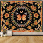 Accnicc Butterfly Floral Tapestry Vintage Indie Boho Flower Tapestries for Bedroom Aesthetic Retro Yellow Sunflower Moth Tapestry Wall Hanging for Dorm Living Room (48'' × 36'')