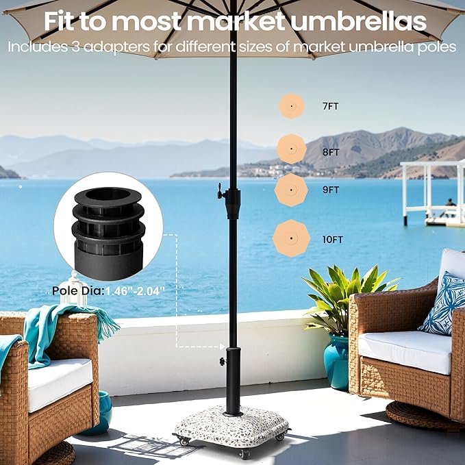 45lbs Patio Umbrella Base with 4 Wheels, Square Cobblestone Concrete Stand, Heavy Duty Market Umbrella Stand for Outdoor