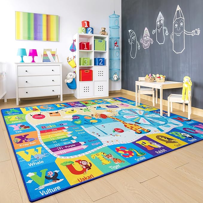 Chicrug Educational Kid Area Rug for Playroom, 5x7 Feet TPR Non Slip Kids Classroom Carpet Rug for Learning ABC Animal, Shape Color Fruit, Washable Play Mat Rug for Children Nursery Toddler Room Decor