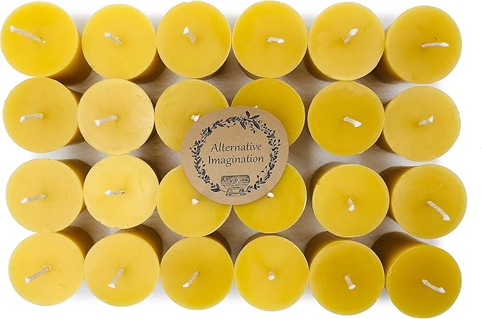 Alternative Imagination 100% Pure Natural Beeswax Votive Candles - 24 Pack - Hand-Poured - Unscented- Light Honey Aroma - 15 Hour Burn - Paraffin-Free, Long Lasting for Prayer, Meditation & Home Decor