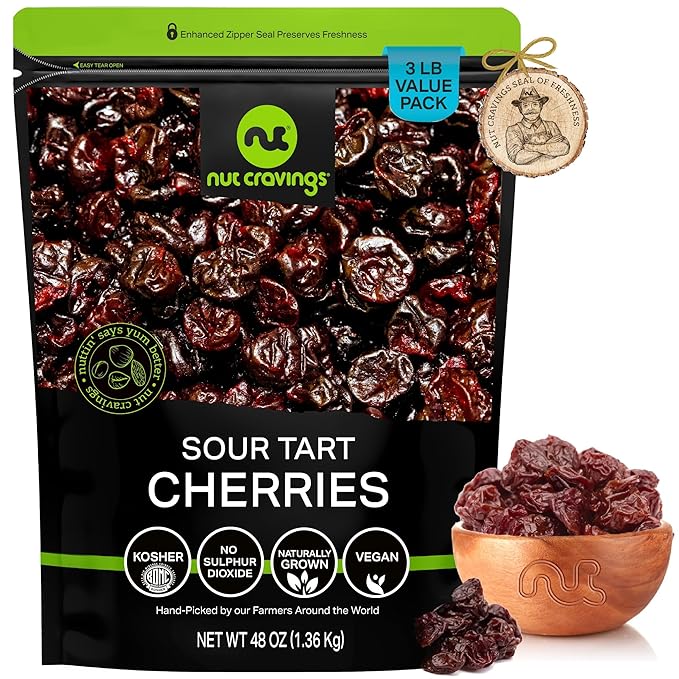 NUT CRAVINGS - Dried Sour Tart Cherries, Lightly Sweetened, Unsulphured (48oz, 3 LB) Tu Bishvat Favorite - Sweet Healthy Snack, Vegan, Kosher, Resealable Bag