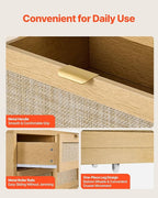VEVOR Large Boho Dresser for Bedroom, 57" Wide Rattan Dresser 6 Drawer with Ample Storage, Modern Wooden Chest of Drawers Closet TV Stand Dressers for Living Room, Natural Oak