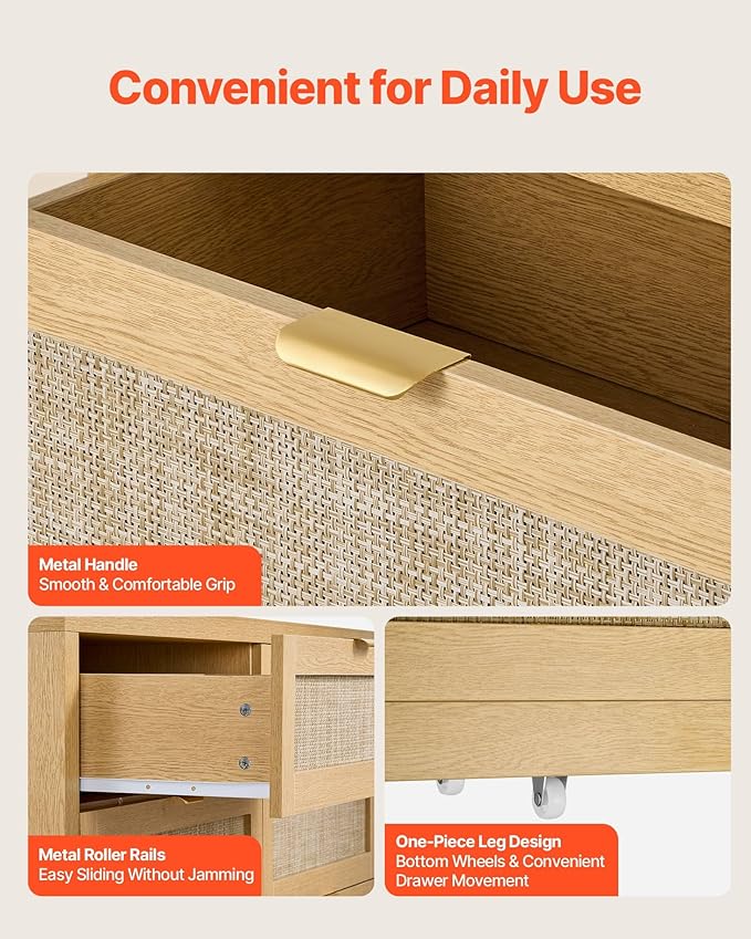VEVOR Large Boho Dresser for Bedroom, 57" Wide Rattan Dresser 6 Drawer with Ample Storage, Modern Wooden Chest of Drawers Closet TV Stand Dressers for Living Room, Natural Oak
