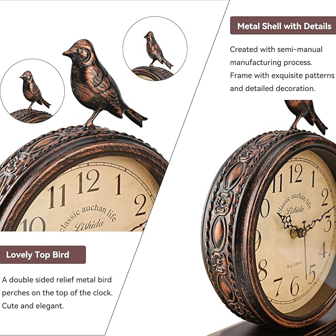 8-Inch Antique Mantel Clocks for Living Room, Retro Table Metal Silent Clocks for Fireplace, Easy to Read Decorative Mantel Clocks with Top Bird for Bedroom, Office, Desktop (Roman Numerals)