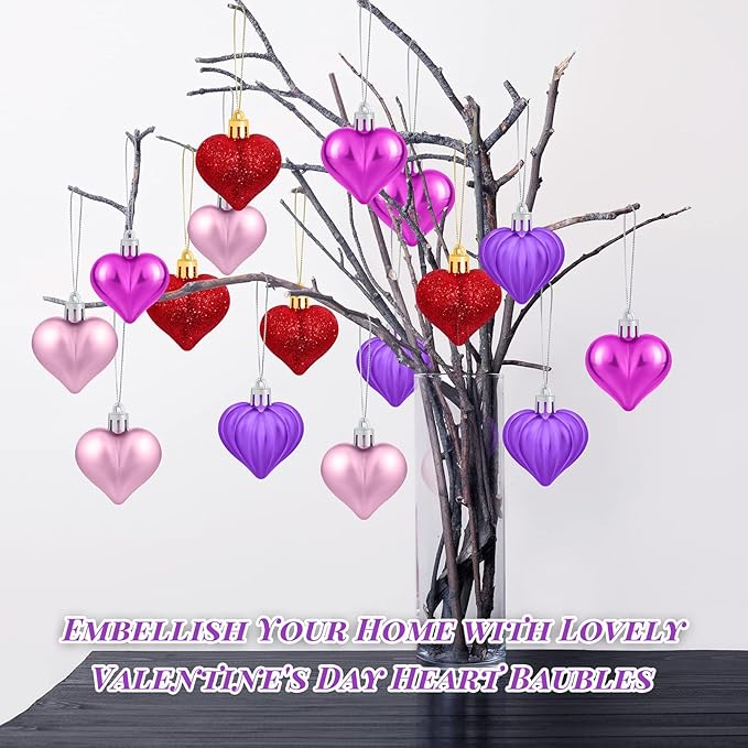 Elcoho 48 Pieces Valentine's Day Heart Shaped Baubles Hanging Heart Ornaments Valentines Tree Decorations for Valentines Day Ornaments Party Wedding Anniversary Decor, Red, Hot Pink, Pink, Purple