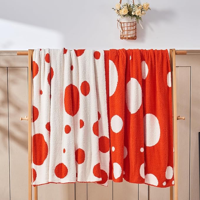 CozeCube Super Soft Fullfy Microfiber Reversible Knitted Blankets, Warm Cozy Fuzzy Plush Throw, Orange red and White Polka Dot Throw Blanket for Couch Bed Sofa, 60" x 80"
