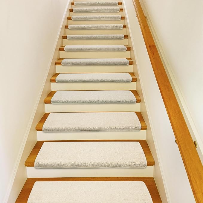 PURE ERA Bullnose Carpet Stair Treads Set Tape Free Non-Slip Indoor Stair Protectors Pet Friendly Rugs Covers Soft Skid Resistant Washable Reusable 9.5" x 30"(7 Pieces,Light Beige)