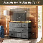 WLIVE Dresser TV Stand with Power Outlets, Led Dresser for Bedroom, Fabric Chest of Drawers with Double Open Shelves, Wood Top, Steel Frame, 6 Drawer Dressers for Closet, Living Room, Dark Grey