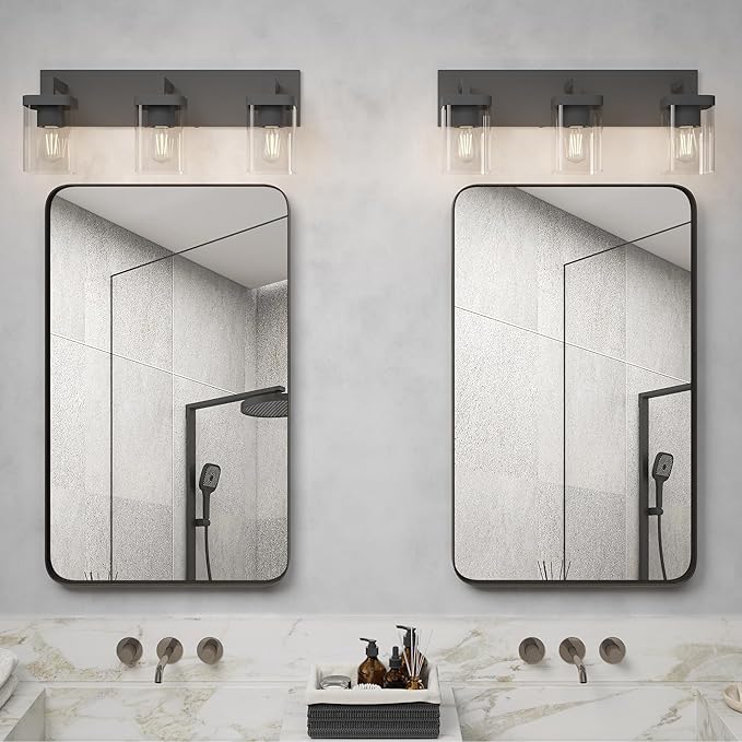 Bathroom Lighting Fixtures Over Mirror, Square Design & Rectangle Large Backplate, 3 Lights Morden Vanity Lighting Fixtures, Bathroom Light Fixtures for Bathroom/Living Room/Bedroom, Black