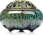 Incense Burner with Calabash Incense Stick Holder - Porcelain Charcoal Censer for Use with Resin Granular Powder Cone or Coil Incense (Kiln-Colored Blue)