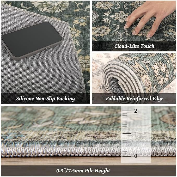 Washable 2x3 Entryway Rug, Boho Non-Slip Door Mat Vintage Distress Small Rugs for Kitchen Nursery Office Bedroom, 0.3" Neutral Oriental Throw Carpet with Cushioning Pad, Sage Green/Blue/Multi