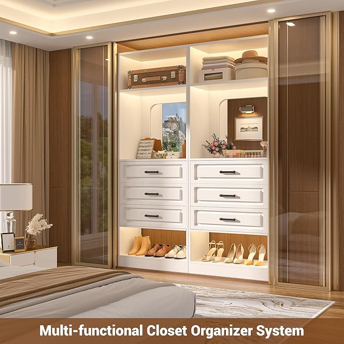 Unikito 50” Freestanding Closet System with 6 Drawers, 4FT Closet Organizer Wardrobe with Storage Shelves and Mirror, Sturdy Wood Walk-in Closet Systems for Bedroom, Max Load 1000 LBS, White