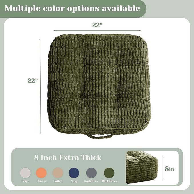 8" Washable Floor Pillow Cushion for Adults, Meditation Cushion Pillow, Removable Tufted Blended Corduroy Cover, Large Square Floor Sitting for Tatami Living Room or Yoga, 22x22 Inch, Machine Washable