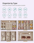 SONGMICS GISELLA Collection - Jewelry Box Organizer, 4-Layer Jewelry Storage with 3 Drawers, Shiny Metal Hardware, Glass Lid, Modern, 6 x 9.9 x 8.5 Inches, Gray and Gold Color UJBC161C01