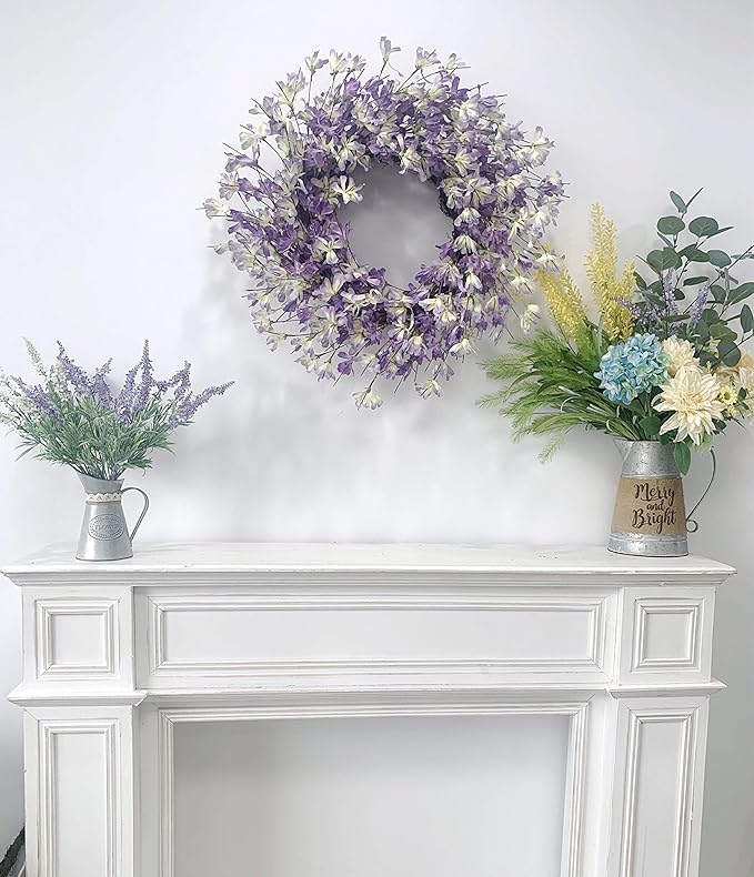 Spring Wreath for Front Door, 24 Inch Purple Forsythia Wreath for Door, Spring Wreath Blossom Cluster Flower Farmhouse on Grapevine for Festival Celebration
