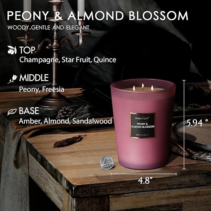 HomeLights Premium Scented Candles - 33.3 oz Natural Soy Wax, Aromatherapy for Home, Long Lasting Smokeless, 130 hrs Burn Time, 3 Cotton Wicks, Gifts for Women & Men - Peony & Almond Blossom