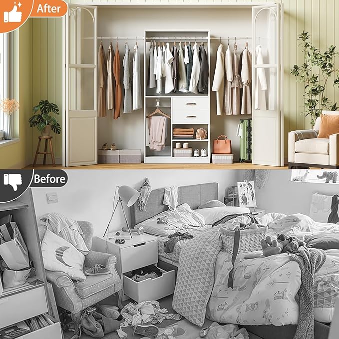 Flrrtenv Organizer with 2 Wooden Drawers and Pull-out Pants Organizer Rod, Walk-in Wood Closet Organizer Wardrobe Clothes Rack with 3 Hanging Rods, Garment Rack, White