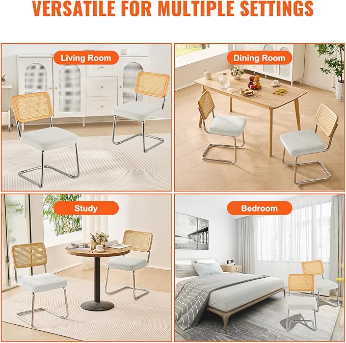 VEVOR Rattan Chairs Set of 2, Mid Century Modern Dining Chair, Upholstered Velvet Accent Chair with Rattan Back, Retro Dining Room Kitchen Chair for Living Room, Bedroom (18.1 Inch)