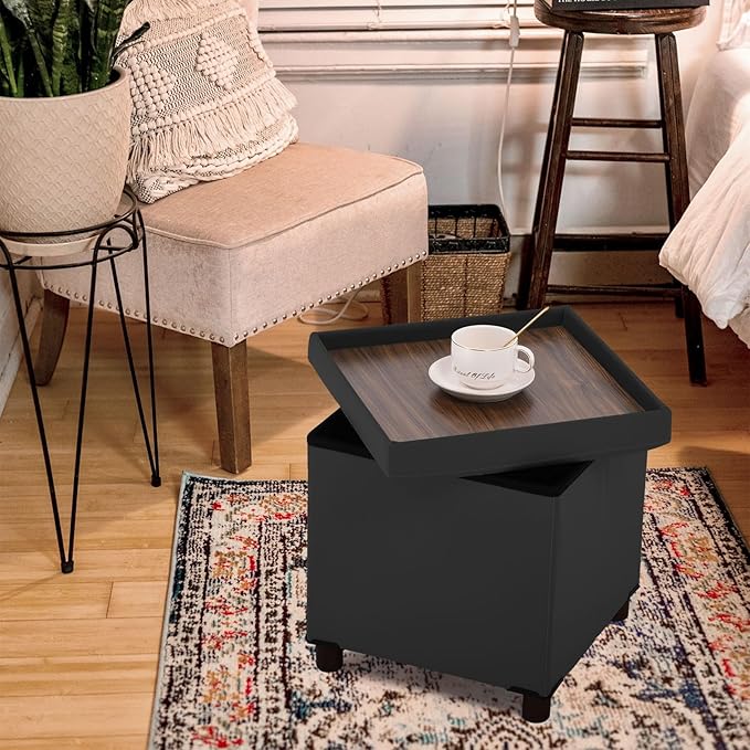 Storage Ottoman for Living Room，Square Ottoman with Tray Bedroom Cube Foot Rest Stool with Legs Ottomans Coffee Table Lid Foldable Footstool Faxu Leather 15" Inch(Black)
