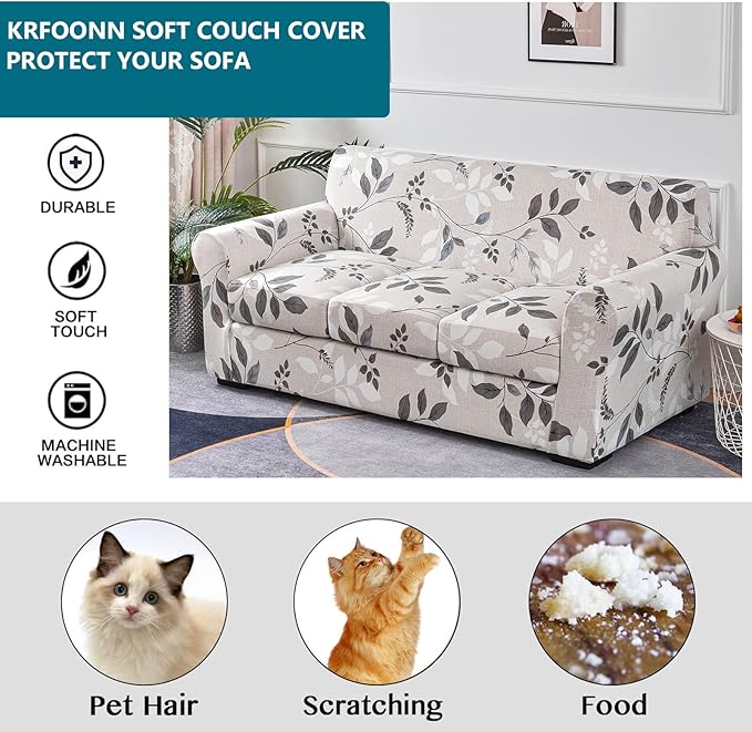 KRFOONN 4 Piece Stretch Sofa Couch Covers for 3 Cushion Couches Printed Sofa Slipcover with 3 Separate Seat Cushion Covers Washable Sofa Slip Covers Furniture Protector for Pets Kids (Large, 23)