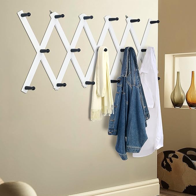 Dseap Accordian Wall Hanger: 16” High Wooden Wall Expandable Coat Rack, Hat Rack Holder, Accordion Hook for Baseball Caps, Coats, Mugs,17 Peg Hooks, White & Black